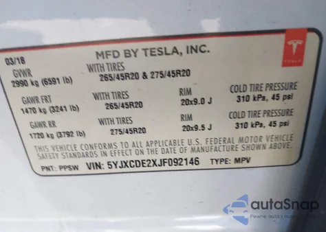 2018 Tesla Model X 100D/75D/P100D from USA, damaged, VIN 5YJXCDE2XJF092146
